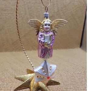 Radko ANGELIQUE Angel Blown Glass Christmas Ornament Rare White Drop Star Harp